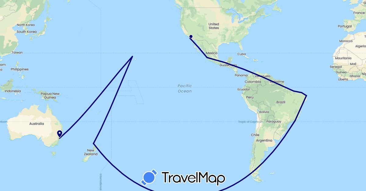 TravelMap itinerary: driving in Australia, Brazil, Mexico, New Zealand, United States (North America, Oceania, South America)